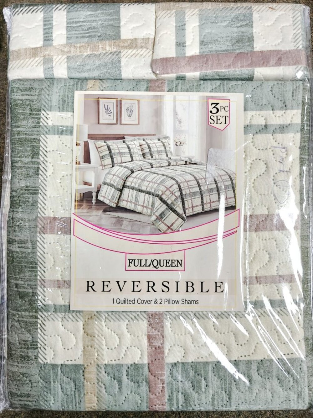 3PC Set Full/Queen Reversible 1 Quilted Cover & 2 Pillow Shams